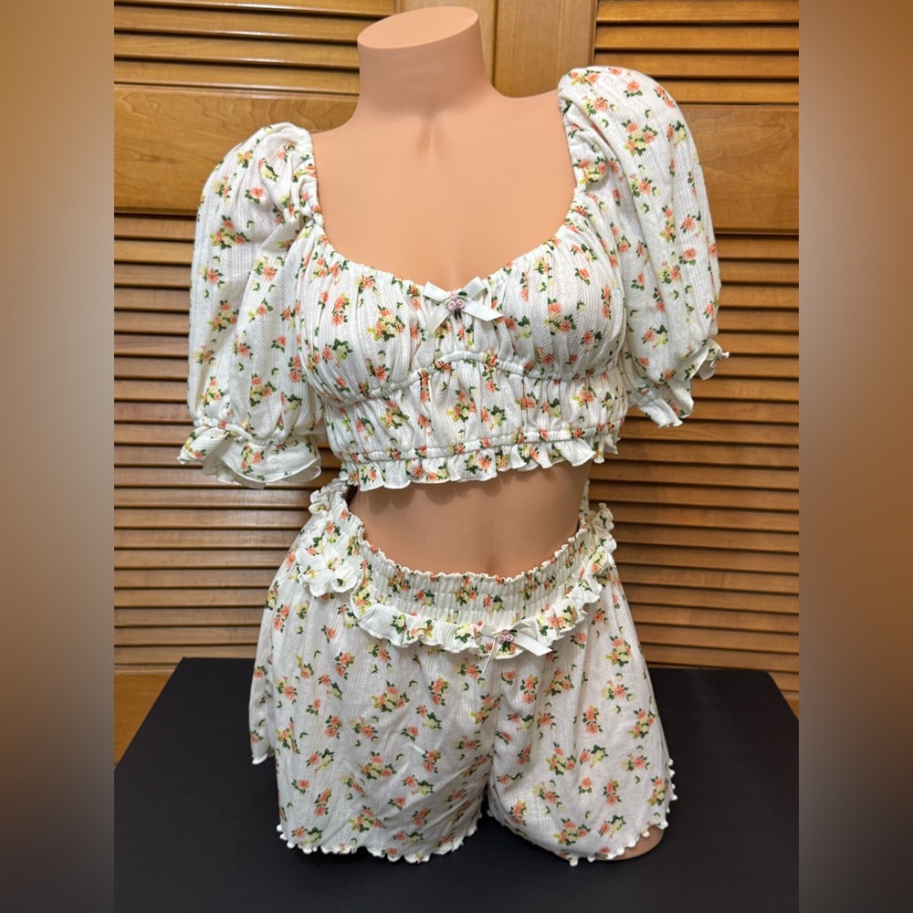 For Love And Lemons Floral Pajama Set - White and Pink